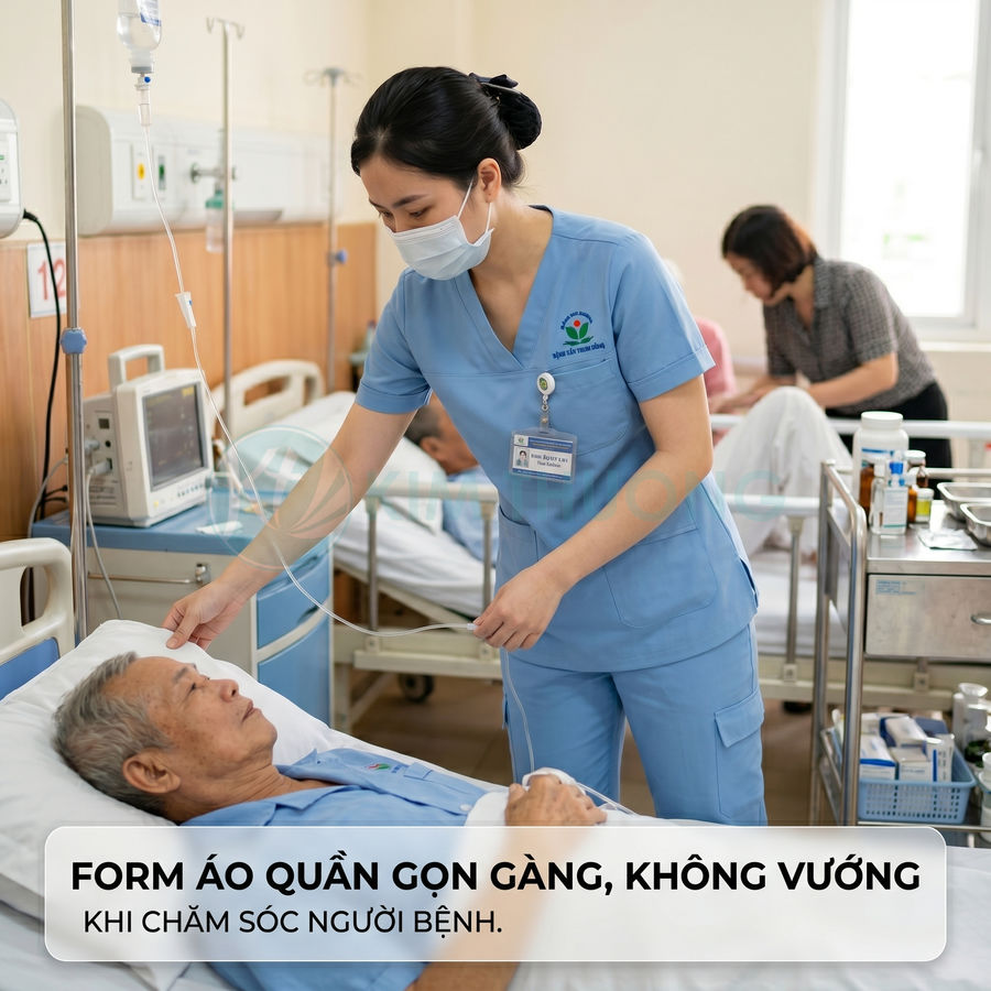 Đồng phục y tá màu xanh dương gọn gàng khi chăm sóc bệnh nhân nằm viện